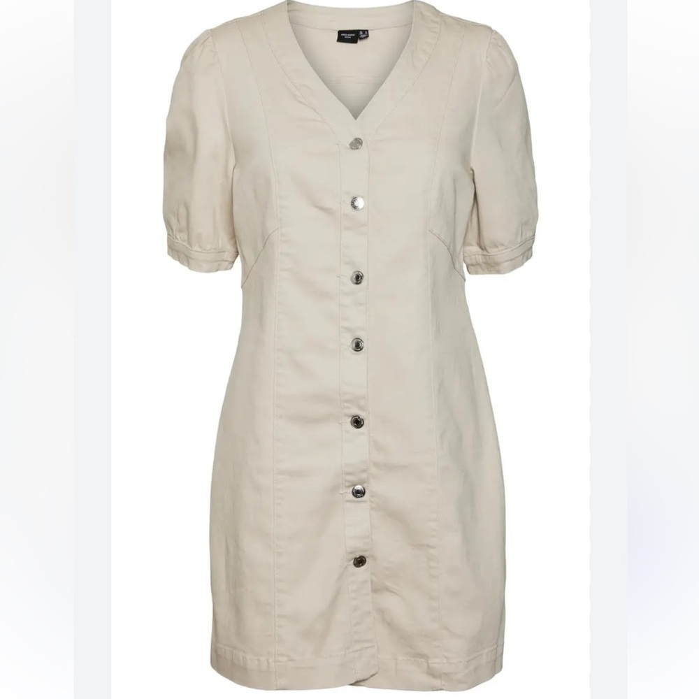 NEW! VERO MODA Wild Gena Denim Button Up V Mini Dress Pumice Stone SZ LG NWT